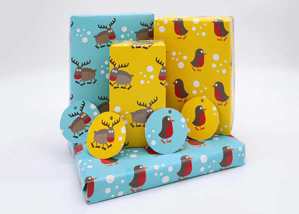 Carton of 30 Reindeer & Robins Recyclable Wrapping Paper & Tags